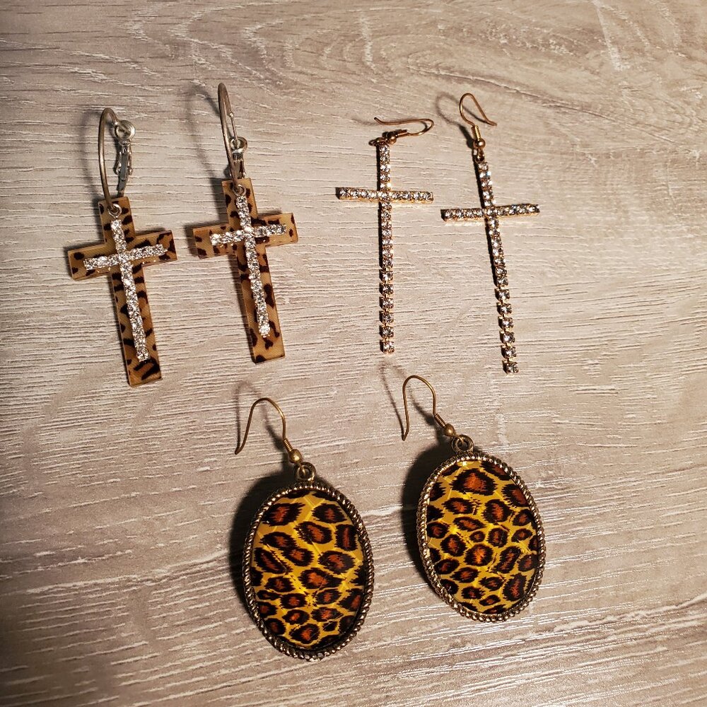Wild leopard print/crystal cross earrings lot for jewelry